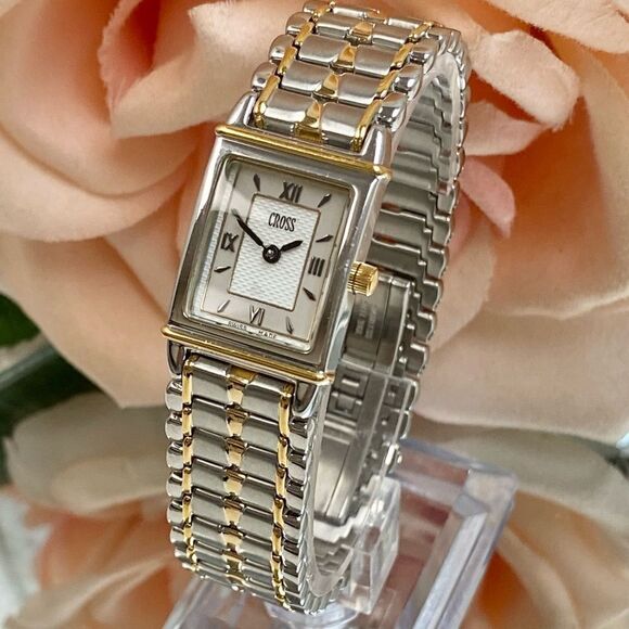 Cross Swiss Made Tank Style Two-Tone Stainless Steel Dress Watch Roman Numerals - Picture 1 of 13